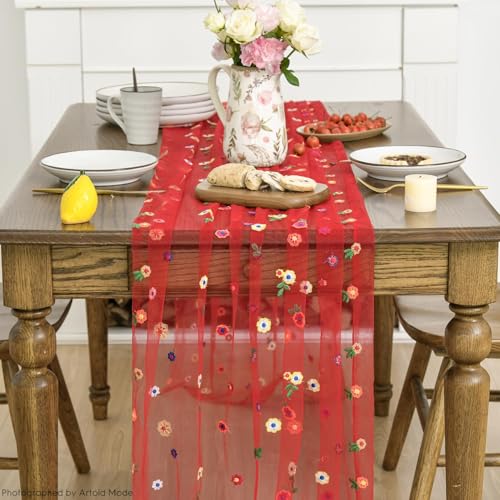Artoid Mode Red Embroidery Daisy Gauze Table Runner 120 Inch 10FT - color: Red, size: 28" x 120"