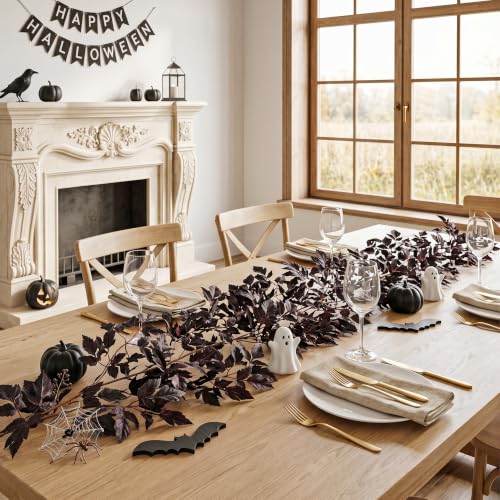 Hollyone 2 Pack Fall Garland 6FT Artificial Plum Cimicifuga Seeded Leaf Garlands Faux Purple Leaves Fall Foliage Autumn Garland for Mantle Fireplace Thanksgiving Halloween Home Indoor Outdoor Decor