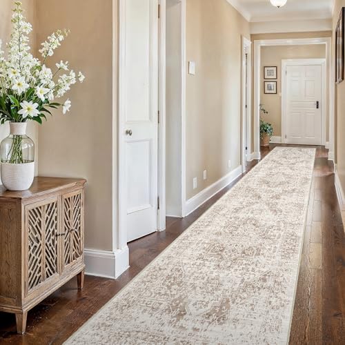 2'6"x16 Washable Long Runner Rug: Vintage Non Slip Hallway Rug IvoryBeige - color: Ivory/Beige, size: 2'6" x 16' (Runner)