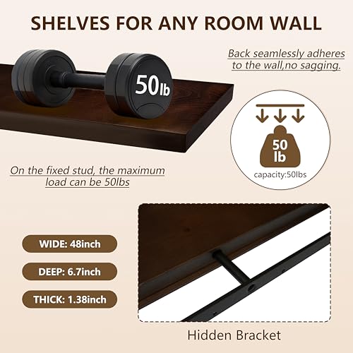 foxsky 48 Inch Long Walnut Floating Shelves for Wall, Solid Wood Shelf - color: Walnut, size: 48 inch