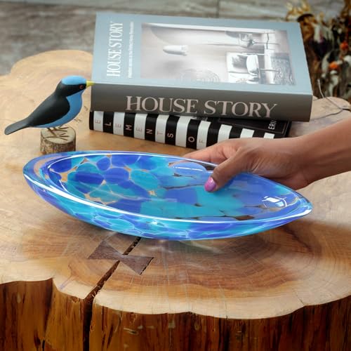 Ca D Oro Murano Style Small Decorative Blue Glass Bowl and Centerpiece with Confetti Effect Hand Blown Art Glass Crystal for Home and Room Decoration - Canoe - color: Blue Canoe