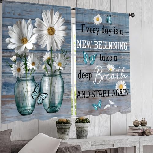 Farmhouse Rustic Daisy Flower Kitchen Curtains 2 Panels Teal Blue Plank Inspirational Quote Small Short Cafe Tier Window Treatment Drapes Butterfly Bathroom Bedroom Curtain 27.5W X 39L Inches - color: 10 Farmhouse Rustic Daisy, size: 27.5"W x 39"L (Pack o