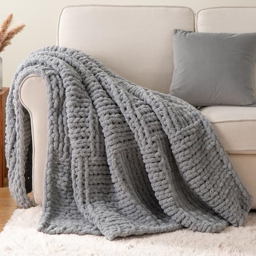 Chunky Knit Throw Blanket for Couch, 50"x60" - color: Light Grey