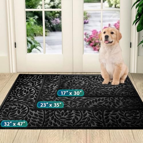 Bulijojo Front Door Mat Entrance,Durable Heavy Duty Welcome Mat,Thick Absorbent Natural Rubber Non Slip Mat,Sturdy Entryway Black 47"x32" - color: Black, size: 2'8" x 3'11" (Leaf)