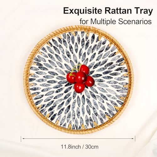 Round Rattan Tray with Mother of Pearl Inlay, Rattan Serving Tray for Coffee, Bread, Fruits, Decorative Wicker Tray for Table Decor, Home Decor, Kitchen Island Decor (Black Leaf, 11.8")
