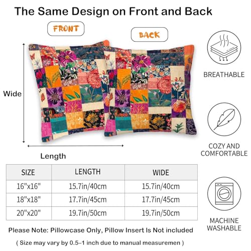 Colorful Floral Patchwork Style Throw Pillow Covers 18x18 Set of 2, Boho Botanical Decorative Cushion Covers, Vintage Eclectic Flower Pillow Cases for Couch Sofa Bedroom Home Decor - color: Kantha Patchwork (Pack of 2)
