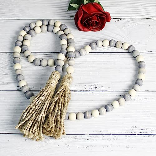 CVHOMEDECO. Wood Beads Garland with Tassels Farmhouse Rustic Wooden Prayer Bead String Wall Hanging Accent for Home Festival Decor. Grey Mix Distressed - color: Grey Mix Distressed