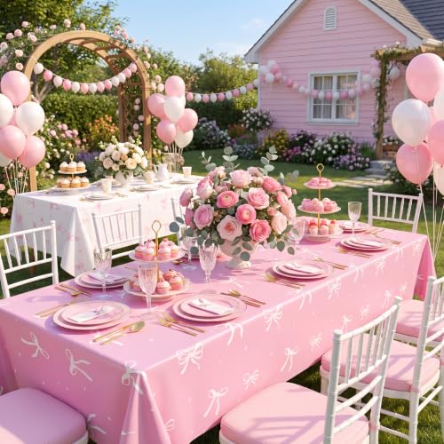 3 Pack Coquette Pink Bow Plastic Tablecloth, Pink and White Tablecloth - color: Pink Bow