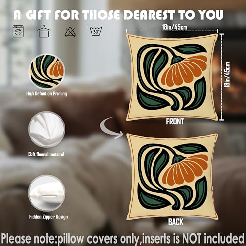 70s Retro Boho Orange and Green Floral Pillow Covers 18x18, Mid Century Modern Abstract Flower Decorative Throw Pillow Covers Pillowcases for Home Living Room Bedroom Set of 2 - color: Green & Orange 7, size: 18" x 18" (Pack of 1)