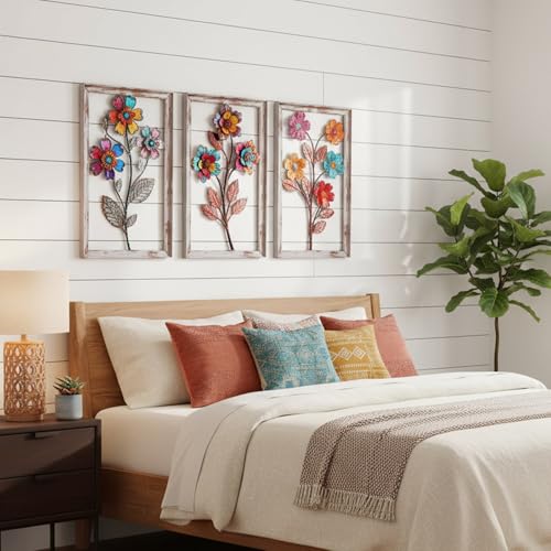Newinhome 3 Pieces Metal Flowers Wall Art, 3D Boho Flower Wall Decor