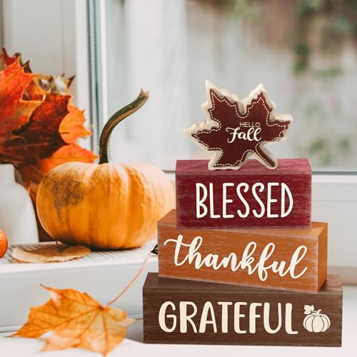 Yousoontic 4 Pcs Hello Fall Figurines Set, Rustic Farmhouse Decor - style: Fall Maple Leaf