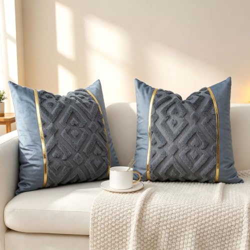 Luxury Patchwork Tufted Throw Pillow Cover 18x18 Inch Set of 2 - color: Blue Gery, size: 18" x 18" (Pack of 2)