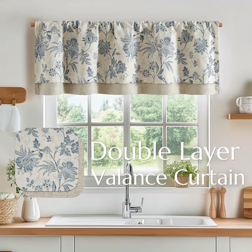 Vangao Linen Valance Curtain Farmhouse Cottage Floral Small Window Curtain Double Layer Light Filtering Drape for Kitchen Rustic Valance for Living Room 16 Inch Rod Pocket 1 Panel Blue on Beige - color: Double Layer | Jacobean Blue, size: 50"W x 16"L (Pac