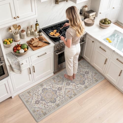 LUMI Kitchen Floor Mat Cushioned Anti Fatigue Runner Rug, 24"x59" - color: Cream & Multi, size: 59"L x 24"W x 0.4"Th