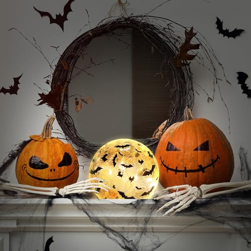 Rossesay 2 Pcs Halloween Glass Ball Lights 3.9 Inch Bat LED Globe Lights