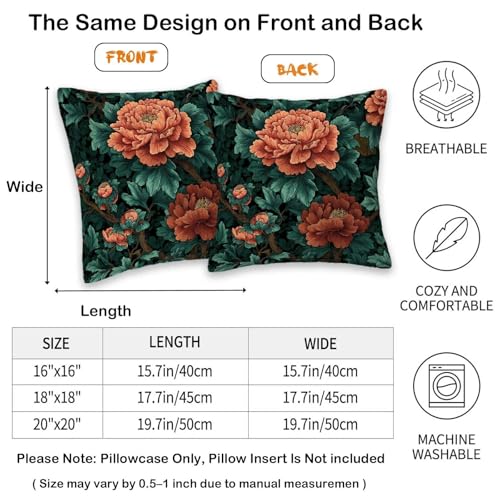 Dark Green Burnt Orange Peony Floral Throw Pillow Covers 18x18 Set of 2, Botanical Decorative Cushion Covers, Vintage Boho Flower Pillow Cases for Couch Sofa Bedroom Living Room Home Decor - color: Vintage Peony