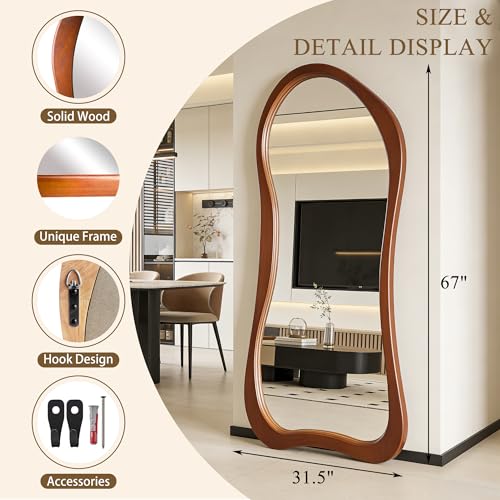 67"x31.5" Large Irregular Floor Mirror with Solid Wood Frame - color: Walnut Wood Frame, size: 67"L x 31.5"W