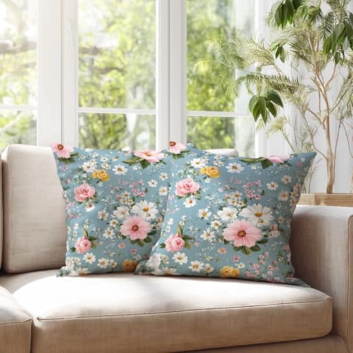 Dusty Blue Pink Floral Throw Pillow Covers 18x18 Set of 2, Daisy Rose Decorative Cushion Covers, Cottage Garden Pillow Cases for Couch Sofa Bedroom Living Room Decor - color: Vintage Floral