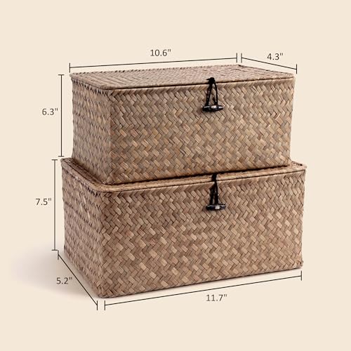 Nonam Wicker Storage Basket with Lid,Seagrass Shelf Basket Set of 2,Coffee - color: Coffee-S+M