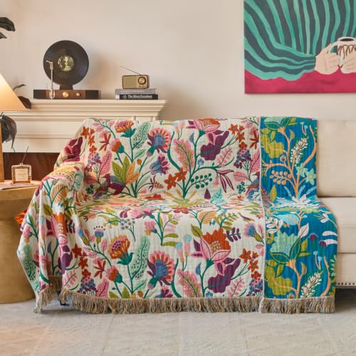 Boho Throw Blanket, 100% Soft Cotton Floral Quilt, Throw 50"x 60" - color: Lavender Purple Flowers, size: Throw 50"x60"