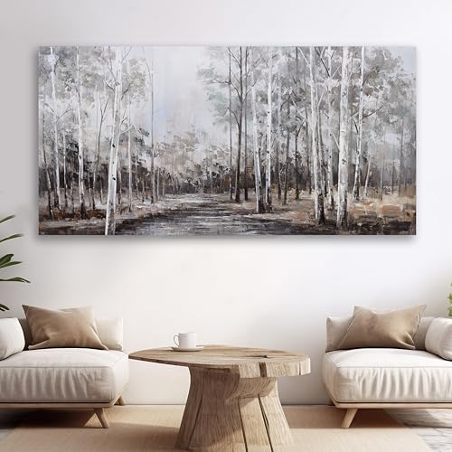 White Birch Tree Wall Art Grey Forest Painting Abstract Canvas Art Landscape Panoramic Picture Nature Artwork Framed for Living Room Bedroom Dinning Room Home Office Wall Decor 59"x28" - color: Grey, size: 58"L x 29"W
