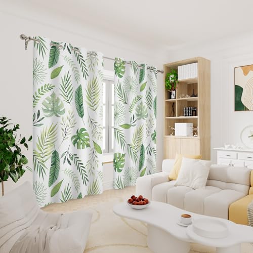 Watercolor Green Tropical Leaf Window Curtains Set 2 Panels 45" L x 29" W - color: Green & White, size: 29"W x 45"L (Pack of 2)