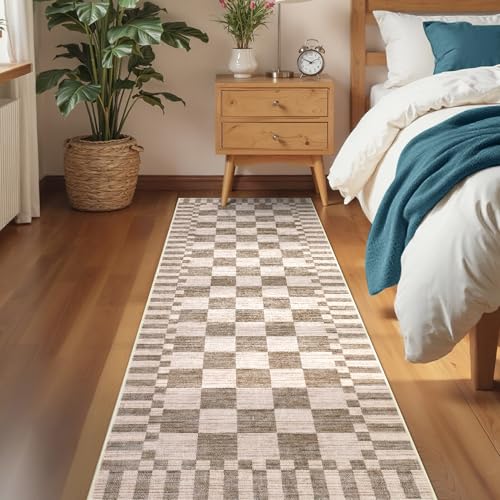 GarveeHome 2.5x10 Brown Checkered Kitchen Runner Rug for Hallway Non Slip - color: Brown, size: 2.5' x 10' (Rectangular)