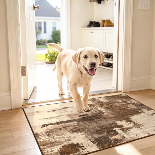 Kelarea Washable Entryway Rug 2x3, Non-Slip Low Pile Abstract Brown - color: Brown, size: 2' x 3' (Rectangular)