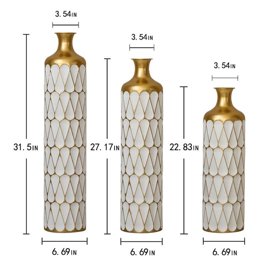 Floor Metal Decorated Vases Set of 3 for Gorgeous Home Decoration Large Glazed Metal Vases (Gold+Antique White) - color: Gold+antique White