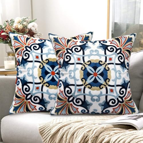 Alysheer Boho Embroidered Throw Pillow Cover 18x18 Set of 2, Orange Floral - color: Floral- Navy Orange, size: 18" x 18" (Pack of 2)