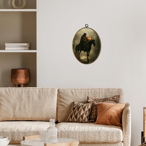 OINDADE Dark Moody Halloween Oval Wall Art Decor, Gothic Headless Horseman Wall Art Hanging Decor, Dark Academia Scary Halloween Pumpkin Fall Framed Canvas Artwork for Living Room Home, 8.8x11.5in - color: Color-9