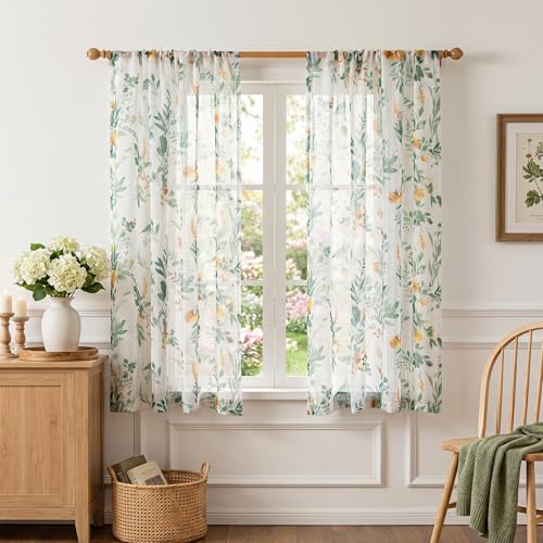 MYSKY HOME Green Floral Sheer Short Cafe Curtains 54 Inch Long 2 Panels - color: Green, size: 52"W x 54"L (Pack of 2)