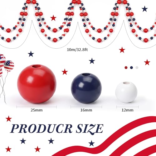 Giegxin 1 Pcs 32.8 ft 4th of July Wooden Bead Garland Patriotic Hanging Garland Farmhouse Beads Decor for Independence Day Mantel Table Party Wall Home Decorations (Blue,Red,White) - color: Blue,red,white