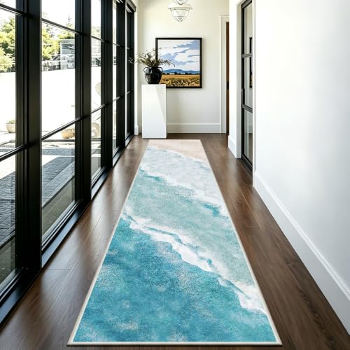 Beach Pattern 2.6x10ft Runner Rug Non Slip Washable Kitchen Runner Rug with Rubber Backing,Low-Pile Soft Washable Runner Rugs for Hallway Entryway Kitchen Bedroom Living Room Bathroom - color: Light Blue Beach, size: 2'6''x10'