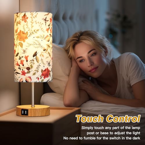 CINSARY Bedside Touch Lamp with Flower Fabric Shade, 3 Way Dimmable Wood Bedroom Lamp for Nightstand with 2 USB Charging Ports, Small Table Lamp for Living Room Reading Desk (LED Bulb Included) - color: Flower1-15" H