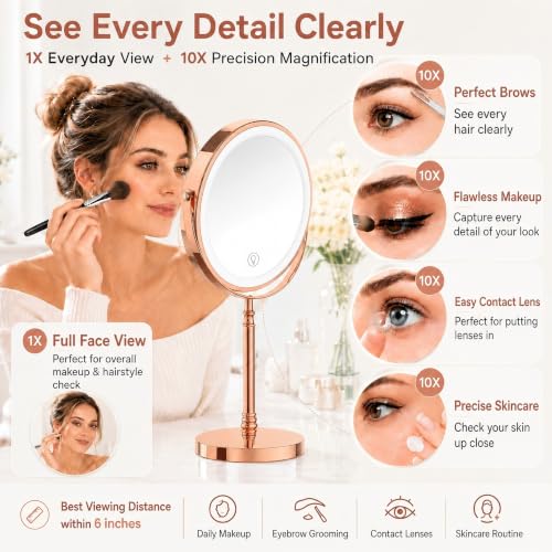 DEIOVWXS Makeup Mirror, Rechargeable Vanity Mirror with 3 Lights, 1X/10X - color: Rose Gold
