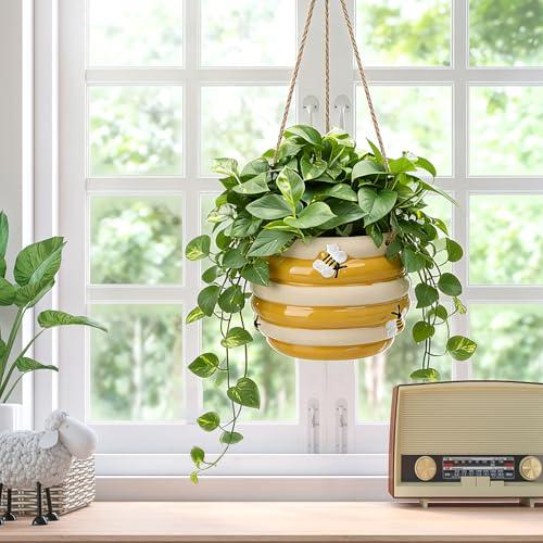 Hanging Ceramic Planter 5 Inch Cute Bee Plant Pots - color: Yellow