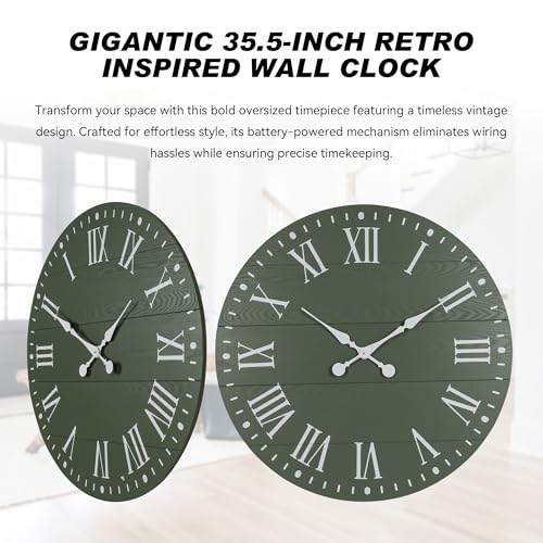 Large Wall Clock with Roman Numeral, 35.5” Shiplap Farmhouse Hanging Clock - color: Green, size: 35.5 Inch