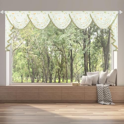 Leeva Extra Wide Sheer Valance for Windows, Yellow Flower Print Waterfall Valance with Bead Tassels, Voile Window Curtains for Living Room Decor, 138" x 43" - color: Flower, size: 138"W x 43"L (Pack of 1)