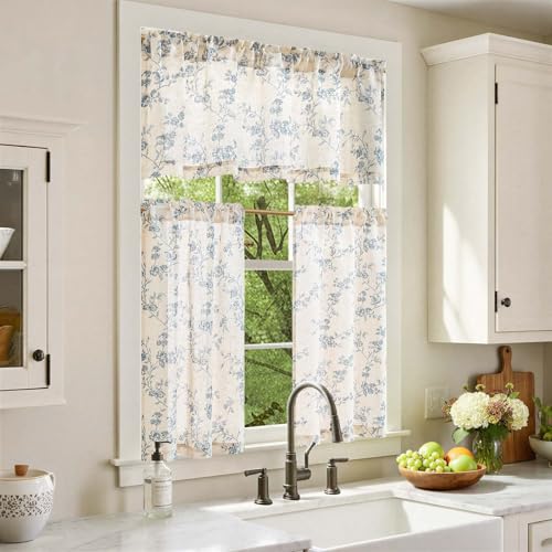jinchan Blue Linen Floral Kitchen Tier Curtains and Valance Set 3 Pieces - color: Alisa | Blue on Linen, size: 26"W x 36"L (Pack of 3)