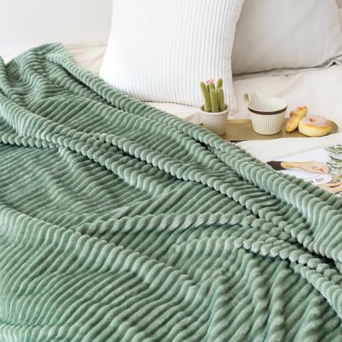 MIULEE Fleece Throw Blanket with Stripe Pattern 300GSM Super Soft Fuzzy Sage Green 3D Ribbed Jacquard Blanket for Couch Plush Warm Cozy Bed Blanket for Bed Sofa Chair Throw Size 50"x60" - color: Sage Green, size: 50"x60"
