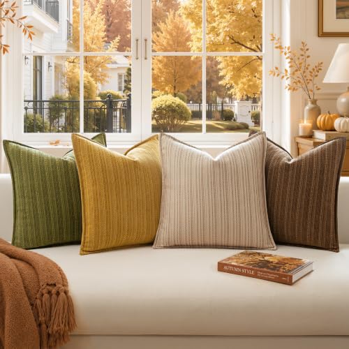 a moment Brown Designer Textured Throw Pillow Covers 16x16 Set of 2 Vertical Striped Chenille Cushion Covers Decorative Pillowcases for Couch Sofa Bed Living Room Boho Farmhouse Home Decor - color: Brown, size: 16" x 16" (Pack of 2)