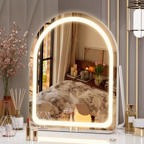 Hasipu Vanity Mirror with Lights, 11"× 14" Arched LED Makeup Mirror, Lighted Makeup Mirror with Lights, Smart Touch Control Dimmable 3 Modes Light 360°Rotation White - size: 11"L x 14"W