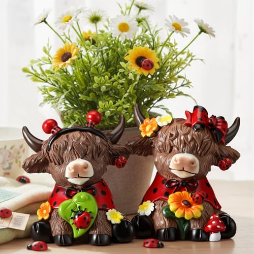 Karenhi 2 Pcs Highland Cow Figurines Resin, Ladybird Tabletop Decor - style: Ladybird