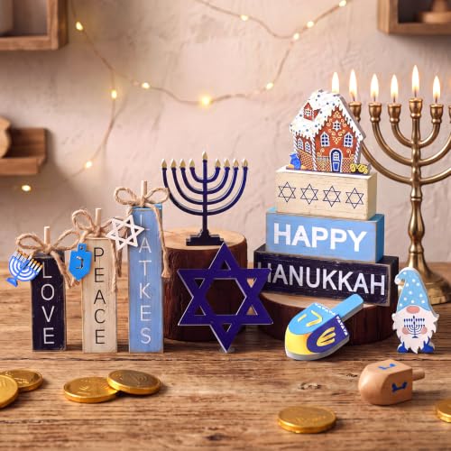 11 Pcs Hanukkah Wooden Tiered Tray Decor Chanukah Tabletop Signs - style: Hanukkah