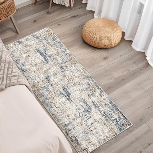 2x5 Non-Slip Washable Runner Rug – Modern Neutral Abstract Small Rug for Hallway, Kitchen, Bathroom, Bedroom, Entryway, Laundry Room – Thin Soft Low-Pile Rubber Backing(Blue Brown) - color: Blue/Brown, size: 2' x 5' (Rectangular)