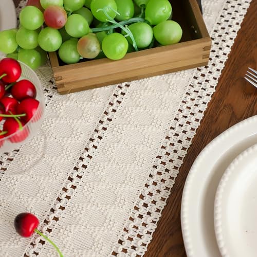 Simple&Opulence Boho Macrame 100% Cotton Table Runner - 12 x 60 Inch, Woven Farmhouse Table Runner with Fringed Edges for Bohemian Rustic Wedding, Bridal Shower, Dinner (White) - size: 12"x60", style: Cotton /white