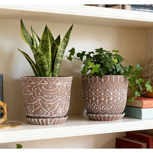 Gepege Ceramic Plant Pots, 6 Inch Indoor Planters with Drainage & Saucers - color: Brown-c, size: 6 Inch - Set of 2
