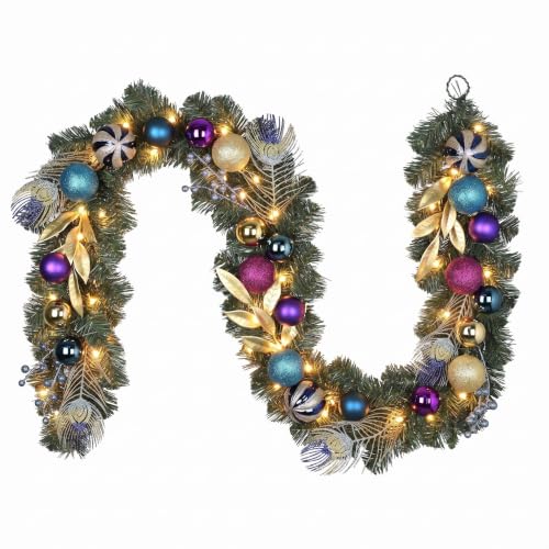 Valery Madelyn 6ft Pre-Lit Christmas Garland with Peacock Feather & Balls - color: Peacock, size: 6 feet
