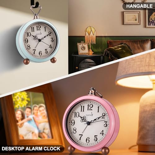FLOITTUY 4.5" Battery Operated Antique Retro Analog Metal Alarm Clock, Silent Bedside Desk Clock, Wall-Hanging Vintage Clock(Vintage Green) - color: Vintage Green